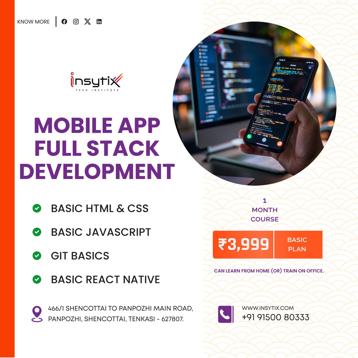 INSYTIX's tweet image. Kickstart your mobile app development journey the right way! ✨
Learn the core fundamentals that every developer needs. 📱
Perfect for beginners who want to build real apps and enter the tech world confidently! 🚀💡

#Insytix #LearnWithInsytix #MobileApplication