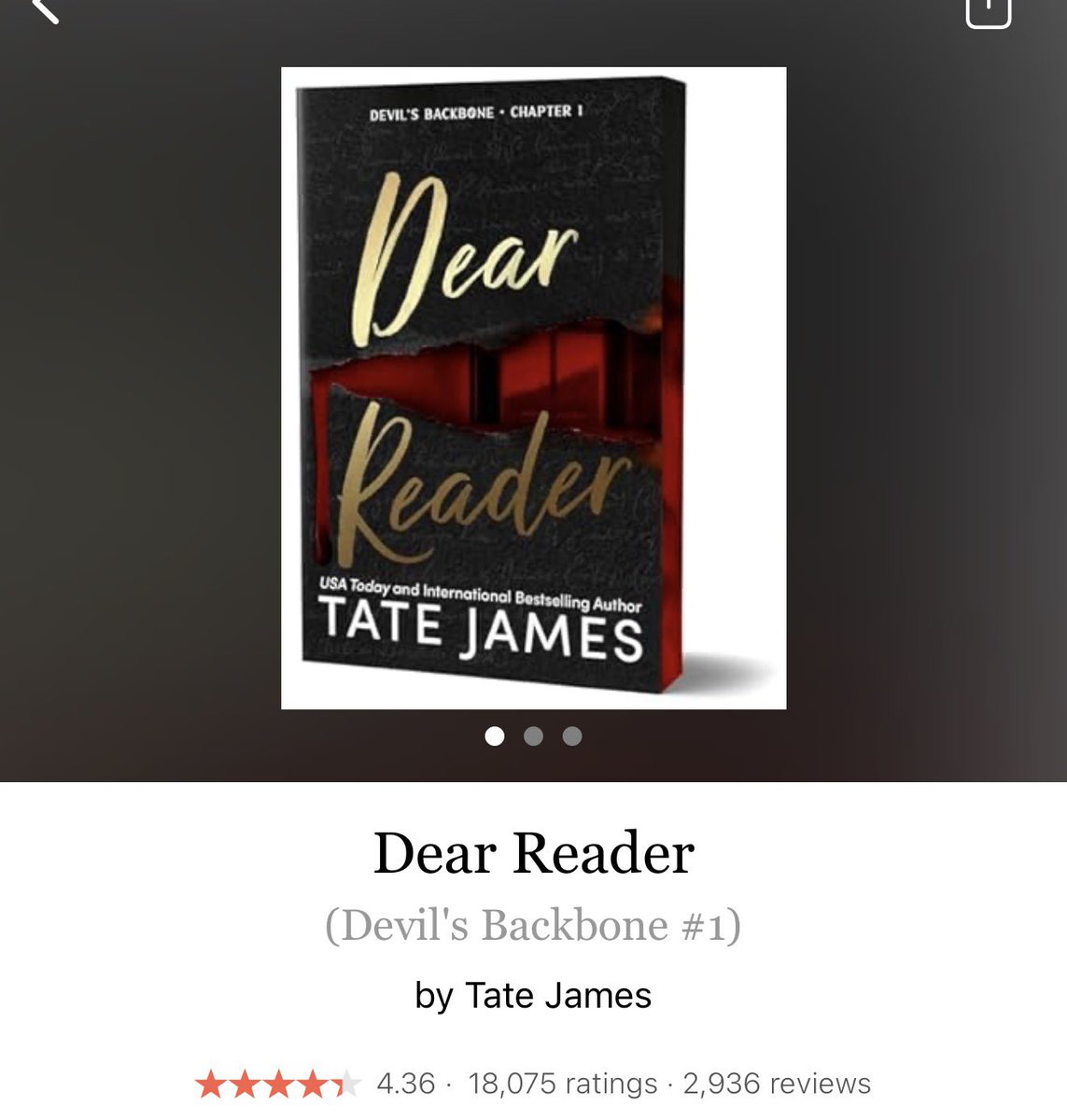 TaraDDonai's tweet image. Dear Reader by Tate James 
#DearReader by #TateJames #8465 #46chapters #368pages #1157of1000 #Series #Audiobook #65for17 #Book1of3 #DevilsBackboneSeries #NewishRelease #ReverseHarem #12houraudiobook #october20205 #readitquick #whatsnext #clearingoffreadingshelves