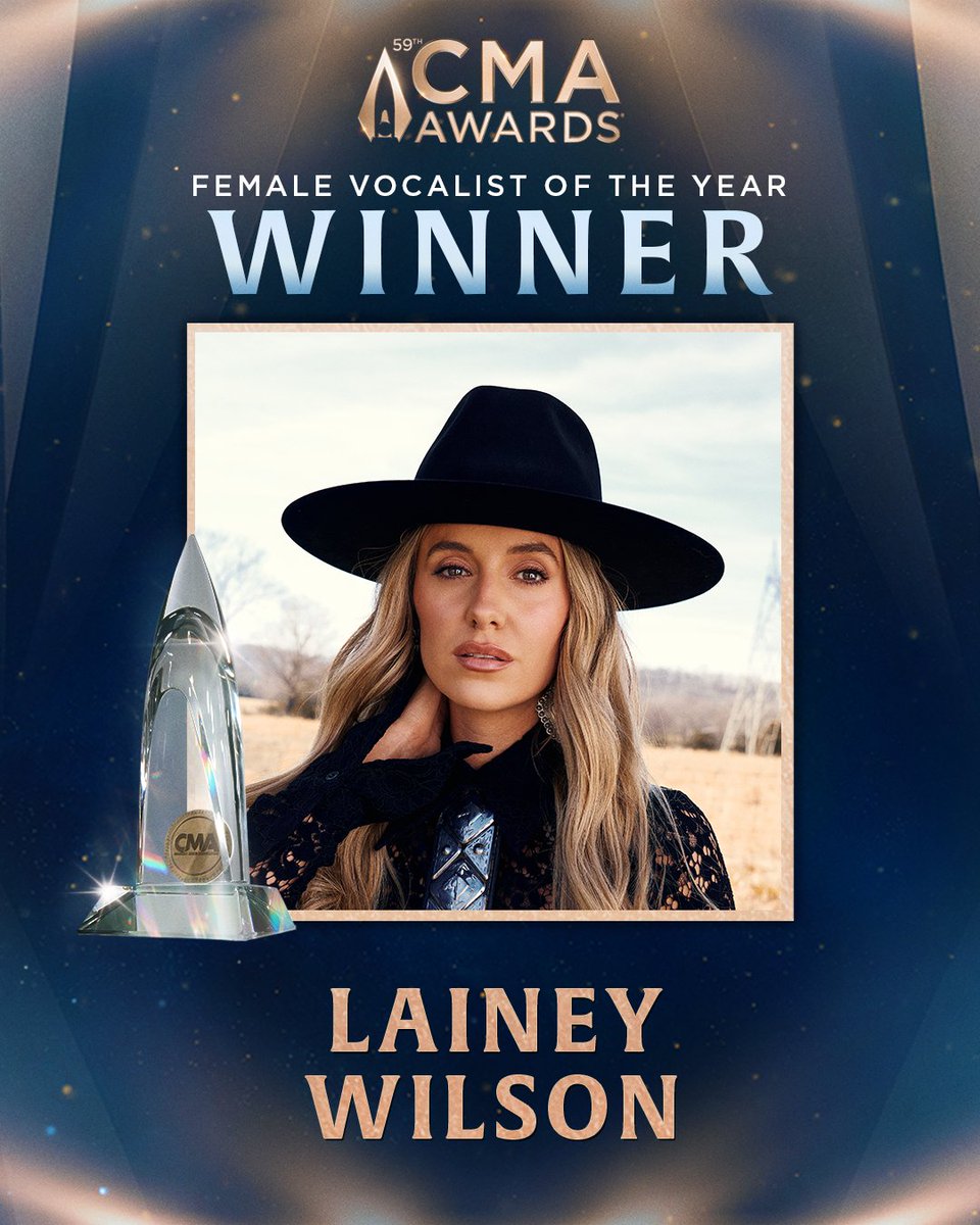 WINNER! The CMA Award for Female Vocalist of the Year goes to @laineywilson. Congrats Lainey! CMAawards