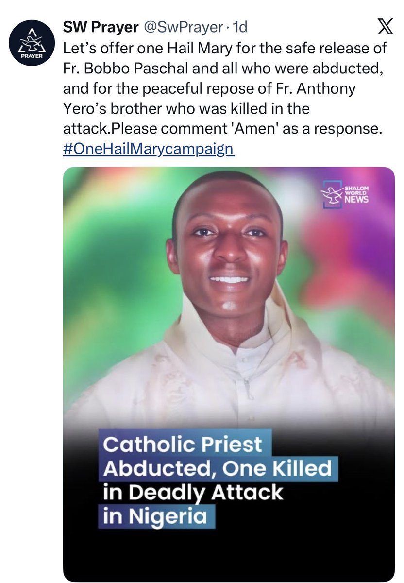 firstladyship's tweet photo. This is Rev. Fr. Bobbi Paschal.

He is the Parish Priest of Saint Stephen's Parish in Kushe Gugdu, Kagarko LGA in Kaduna State.

He was first abducted earlier today, & then murdered by terrorists the same day, 19 Nov.

There is an ongoing Christian Genocide in Nigeria, & my people are running out of families.

My advice to you is to keep posting those receipts. Don’t allow anyone to gaslight you 💔