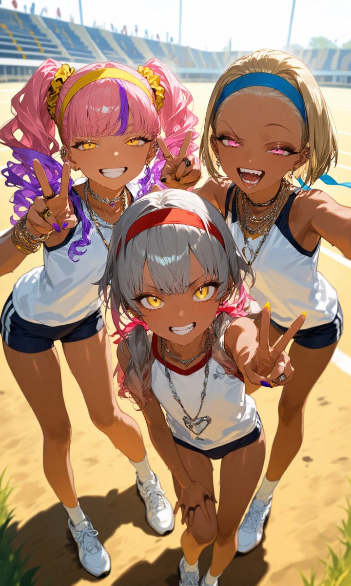 lucy1105728's tweet image. #AIイラスト
今日は運動会のようです🤭
三姉妹「あーしらズッ友だけど今日はライバル同士だかんね？」