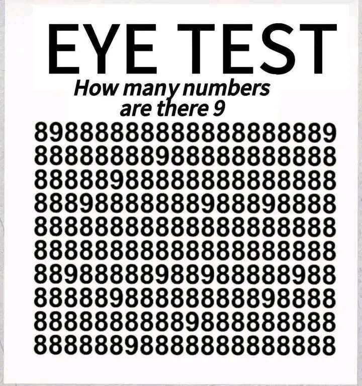 Eye test

Can You find how many  9 in this pic?

Me:-Seven