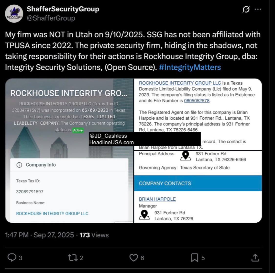MJTruthUltra's tweet image. Charlie Kirk’s Head of Security, Brian Harpole, discusses how he was assigned to Charlie Kirk&apos;s detail through the Shaffer Group in 2018 — In 2022, Harpole and colleague Dan Flood left to start Integrity Security Solutions, and took over the Turning Point USA contract.

After…