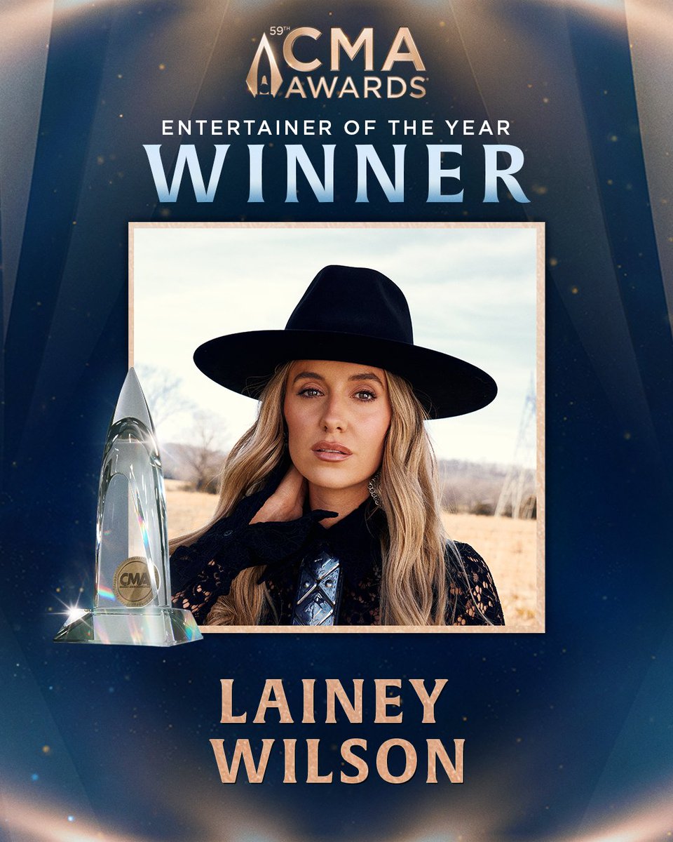 We are thrilled to announce the #CMAawards Entertainer of the Year is @LaineyWilson! Join us in congratulating Lainey on this tremendous honor! ✨