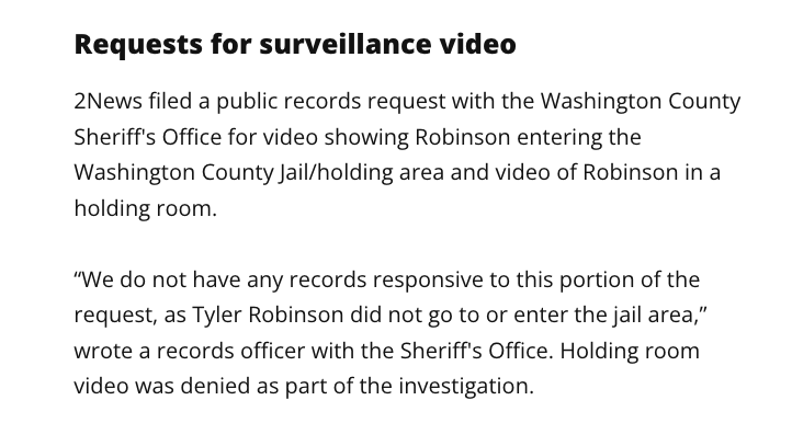 There is NO footage of "Tyler Robinson" getting arrested or entering the jail, and holding room footage will NOT be released.

Dude's not even real, is he?