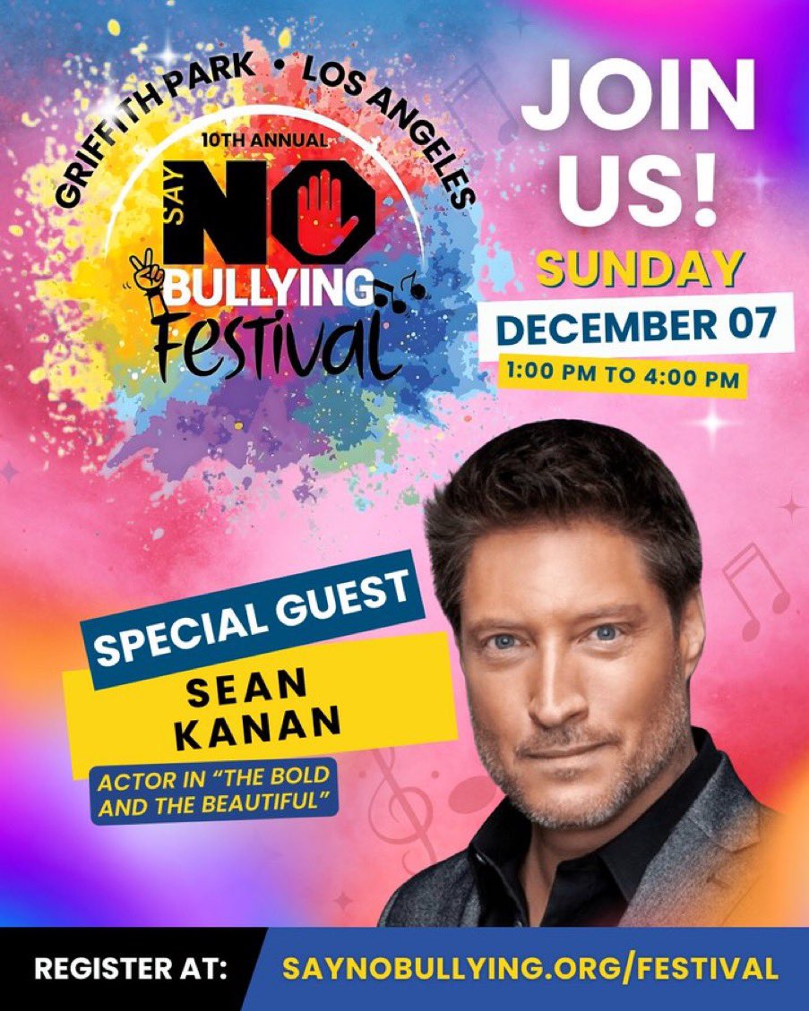 Excited to join the Say NO Bullying Festival! 🌱 Live entertainment, giveaways, free food &amp; resources bring the community together to promote kindness, inclusion &amp; support. <a href="/RobGarcia_PR/">Dr. Rob Garcia</a> <a href="/BoldAndTheBeau1/">Bold And The Beautiful TV Show News</a> 
📅 Dec 7 | 1–4 PM | Griffith Park
👉 saynobullying.org/festival