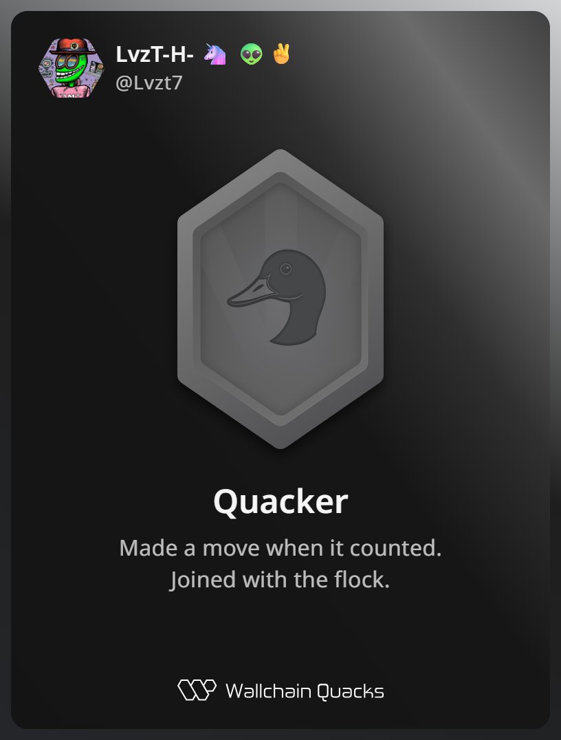 Lvzt7's tweet photo. Just unlocked the Quacker on @wallchain 🏆

How cool is that?

Feels great to have my contributions recognized.

How’s Wallchain Quacks been treating you so far?

Not on board yet? Drop a comment for an invite 👇🦆 https://t.co/Bxj93SuOeY