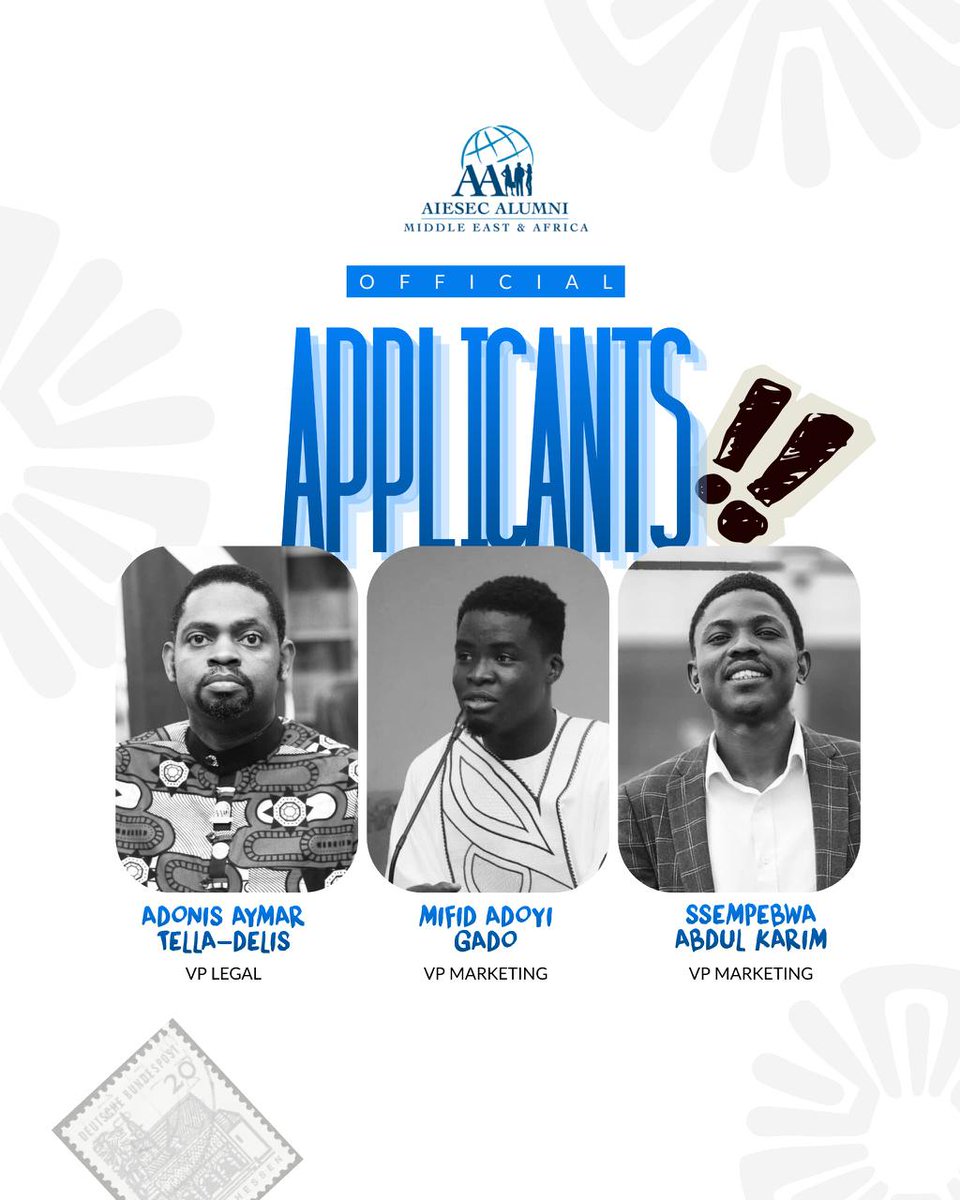 Heyyyy AIESEC!!! 🗣️

Leadership begins with courage, the courage to step forward.

Meet the official applicants for the opened AIESEC Alumni MEA leadership positions.🔈🔈

We celebrate their commitment to contribute, shape, and elevate our regional community.

#AIESECALUMNIMEA