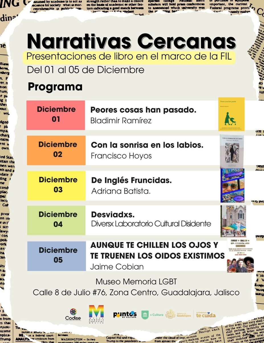📚 Narrativas cercanas, presentaciones de libros con temática de diversidad sexual y de género en el marco de la FIL Guadalajara ya tiene su agenda. Les esperamos del 1 al 5 de diciembre en el Museo Memoria LGBTTTIQ+ México.