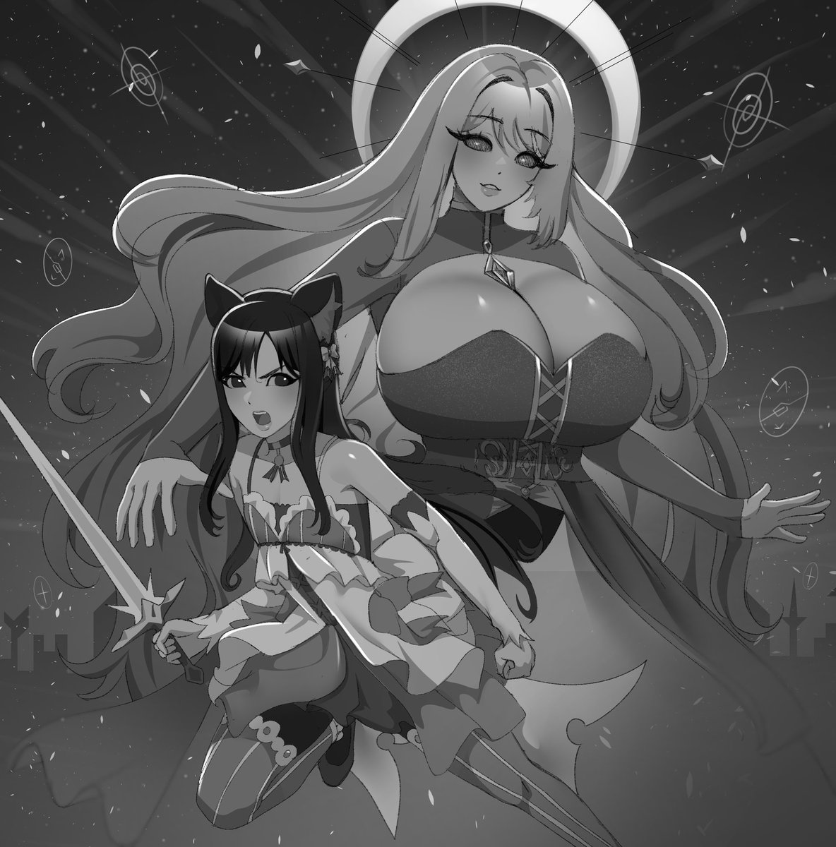 🌌⚔️ Esta noche salimos de aventura con mi querida Rozsier: ella al frente, filo brillante y coraje en los ojos; yo detrás, cubriéndole la espalda y el cielo. Cuando una amiga avanza, yo me vuelvo viento a su favor. Y sí, confieso: verla con su cosplay de Félix del Re: Zero me