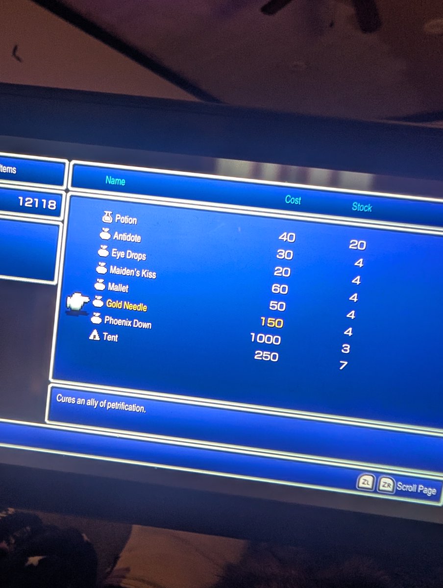 My personal item rule early on in a JRPG is to have one for each party member of every item that can cure an ailment, during battle 

I've fucked myself over plenty of times not observing this simple rule 

I have 4 party members, they each have one of all the curative items