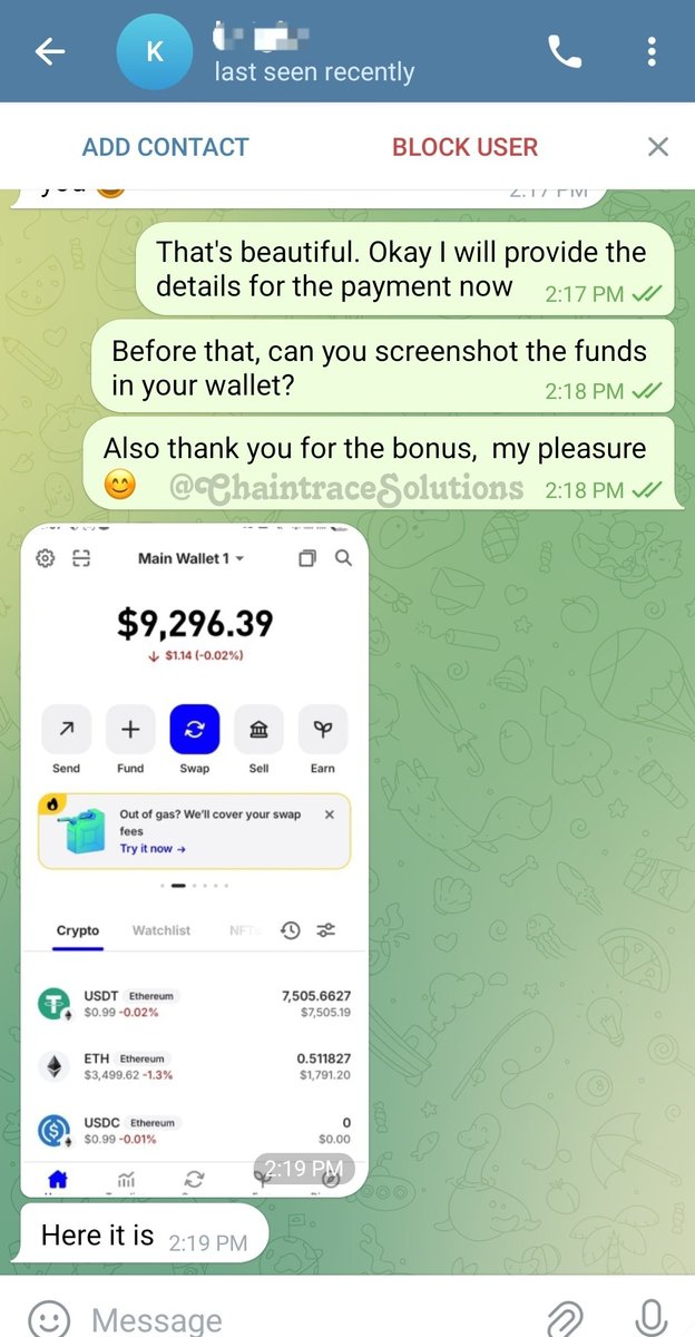 amanguyen1's tweet image. ✅️ Case Update: CTC9510372

Assisted in recovery of $9,296.36 USDT lost several months ago. It was almost impossible because of the time frame but we succeeded. 

chaintrace.carrd.co

#CryptoRestoration #Ethereum #CryptoAssets #CryptoFunds #CryptoWallet