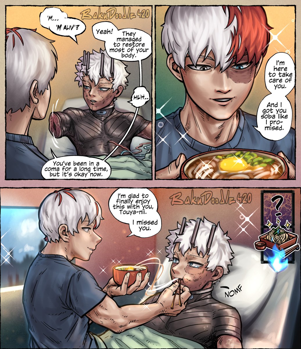 BakuDoodle420's tweet photo. Years passed after the final war, Dabi died, but Touya held on just barely. He's woken up by the friendliest face in the world: Shouto. The soba brothers finally have their wish of family

[Second last!! The last one will be something sweet..]
#ShoutoTodoroki #Dabi #TouyaTodoroki https://t.co/5MZWPgJjxm