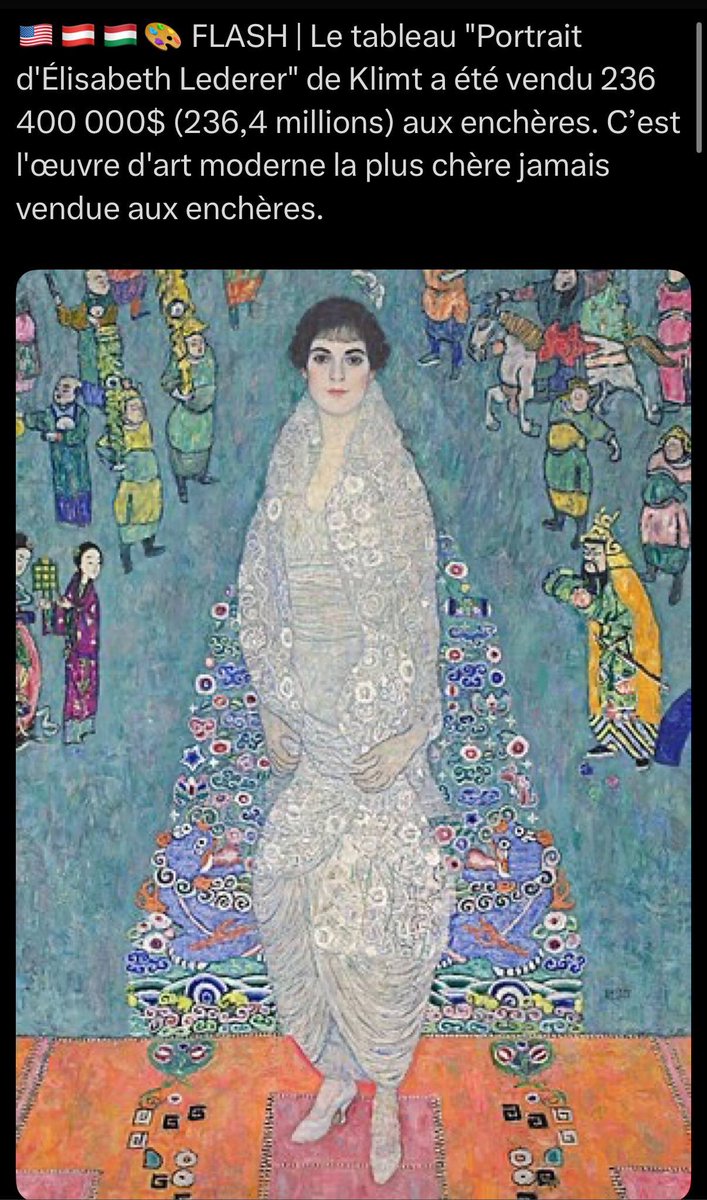 🇺🇸🇦🇹🇭🇺🎨 FLASH | Klimt's painting "Portrait of Elisabeth Lederer" was sold for $236,400,000 (236.4 million) at auction. It is the most expensive work of modern art ever sold at auction.