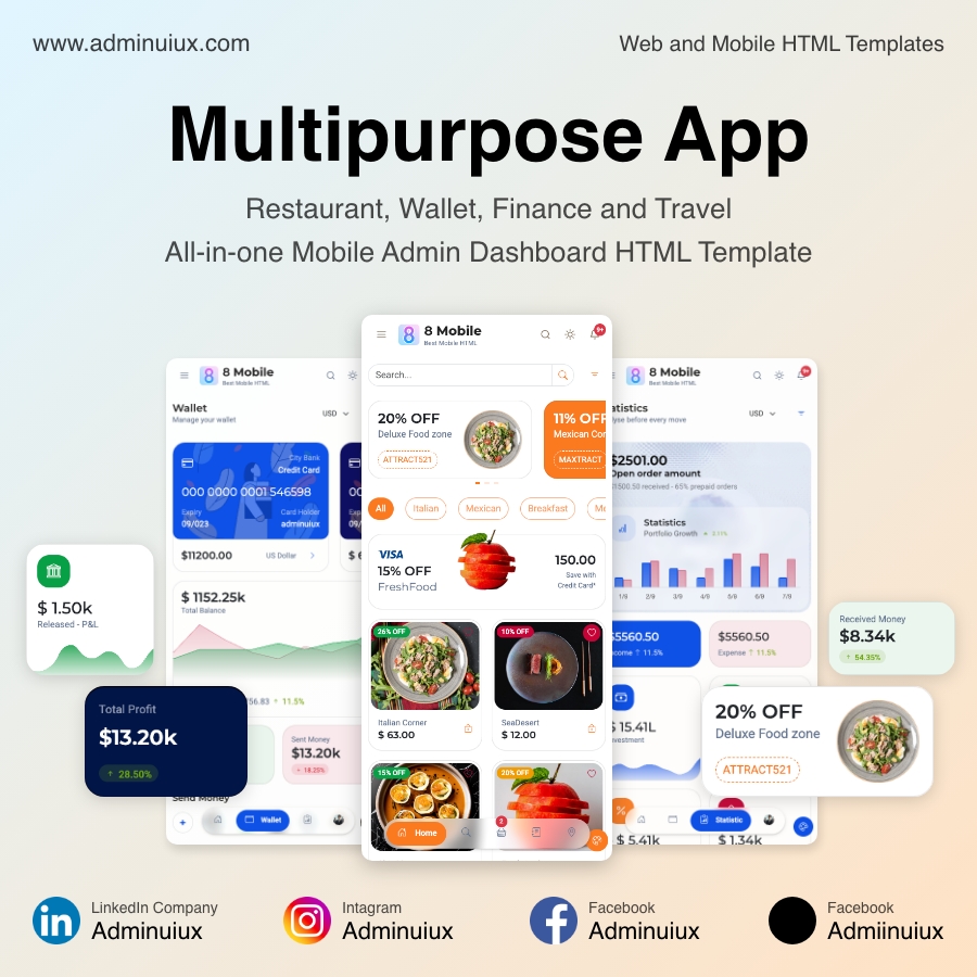Admiinuiux's tweet image. zurl.co/9MEIn

8 Mobile App HTML template. AdminUIUX Bootstrap themes and HTML templates #BootstrapThemes #HTMLTemplates #AdminDashboard #UIUX #Frontend #WebDesign