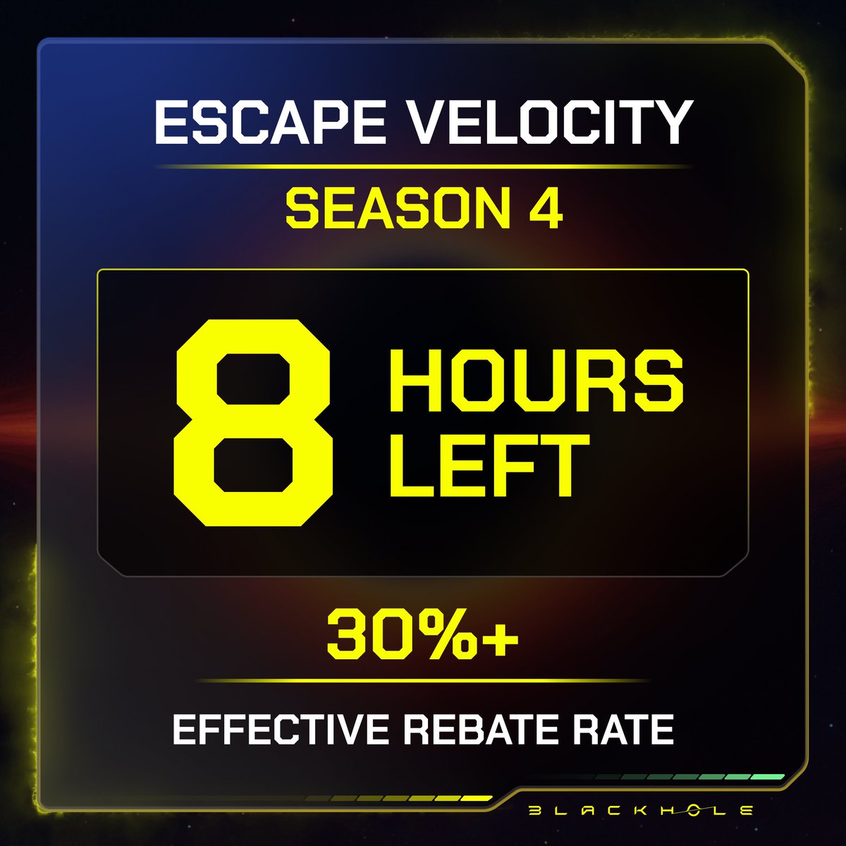BlackholeDex's tweet image. Escape Velocity Season 4 ends in just 8 hours 

The current effective rebate rate is 30%+