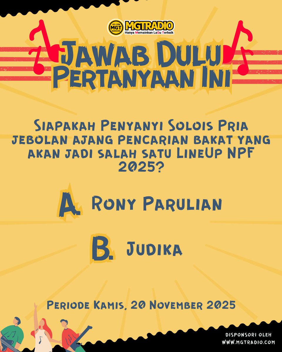 TAU-TAU GIVEAWAY MGTRADIO X NOW PLAYING FESTIVAL 2025 yang di sponsori oleh mgtradio.com

Yup! Ada 12 tiket untuk 6 pemenang buat nikmatin festival di Tritan Point Bandung, tanggal 30 November 2025! ✨🎁

Caranya gampang! Cari tau di IG @mgtradio

#MGTRADIO #NPF2025