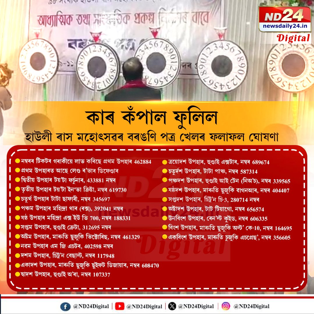 ND24Digital's tweet image. কাৰ কঁপাল ফুলিল, হাউলী ৰাস মহোৎসৱৰ বৰঙণি পত্ৰ খেলৰ ফলাফল ঘোষণা

#ND24Digital | #Howly | #assam