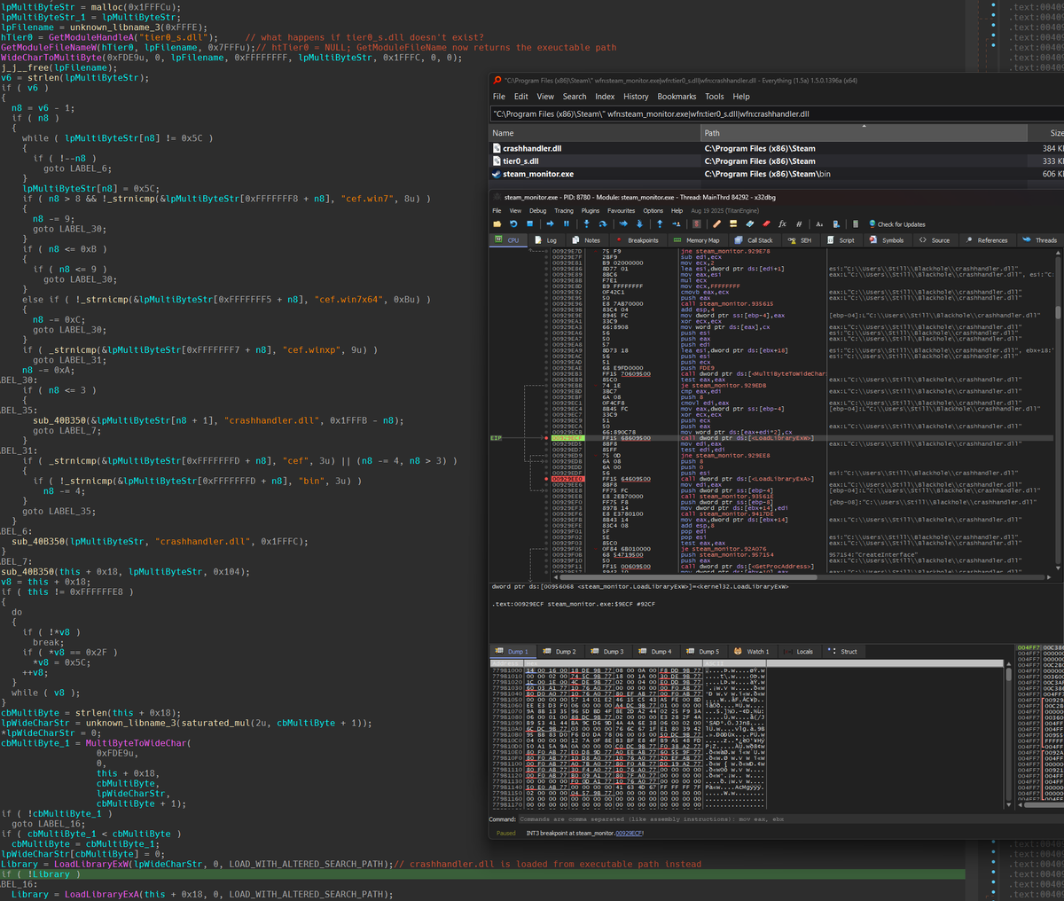 Came across an interesting DLL sideloading case today:

Normally when Steam\bin\steam_monitor.exe loads up, it will load Steam\crashhandler.dll as part of the loading process.

When loading the crashhandler.dll dependency, steam_monitor.exe checks for the path of the tier0_s.dll