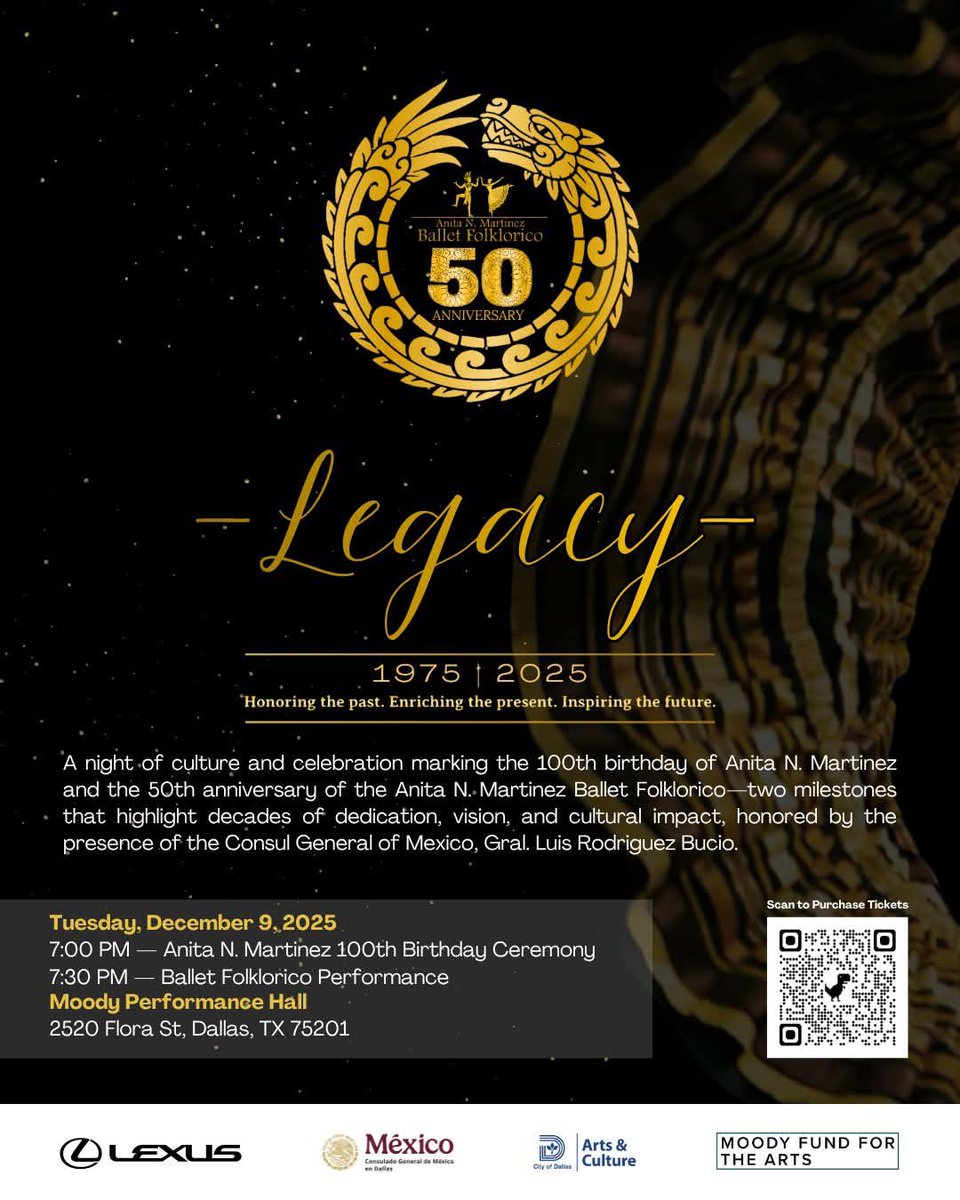 Invitamos a toda nuestra comunidad a celebrar 100 años de Anita Martínez, pionera política y primera mexicoamericana electa al Ayuntamiento de Dallas, y 50 años de su Ballet Folklórico, un ícono cultural de la ciudad.

¡Honremos su legado y nuestras tradiciones! 🇲🇽✨💃