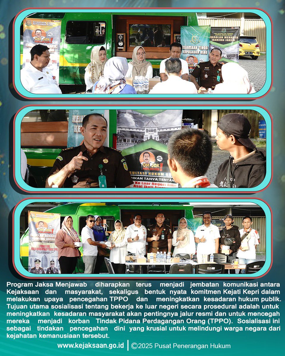 Tanjungpinang, Kejaksaan Tinggi Kepulauan Riau menggelar program Obrolan Menarik Jaksa Menjawab (OM JAK MENJAWAB) di seputaran jalan menuju Bandara Raja Haji Fisabilillah Tanjungpinang, Rabu (19/11/2025).