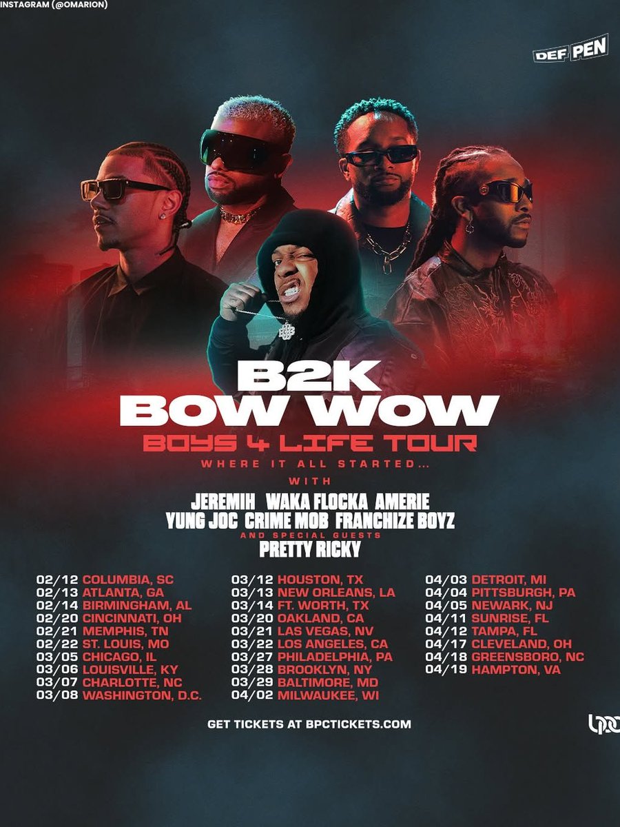 DefPen's tweet image. Bow Wow and B2K will headline the 'Boys 4 Life' tour, hitting more than two dozen cities in 2026.

Jeremih, Waka Flocka, Amerie, Yung Joc, Crime Mob, Franchize Boyz and Pretty Ricky will also join the tour.