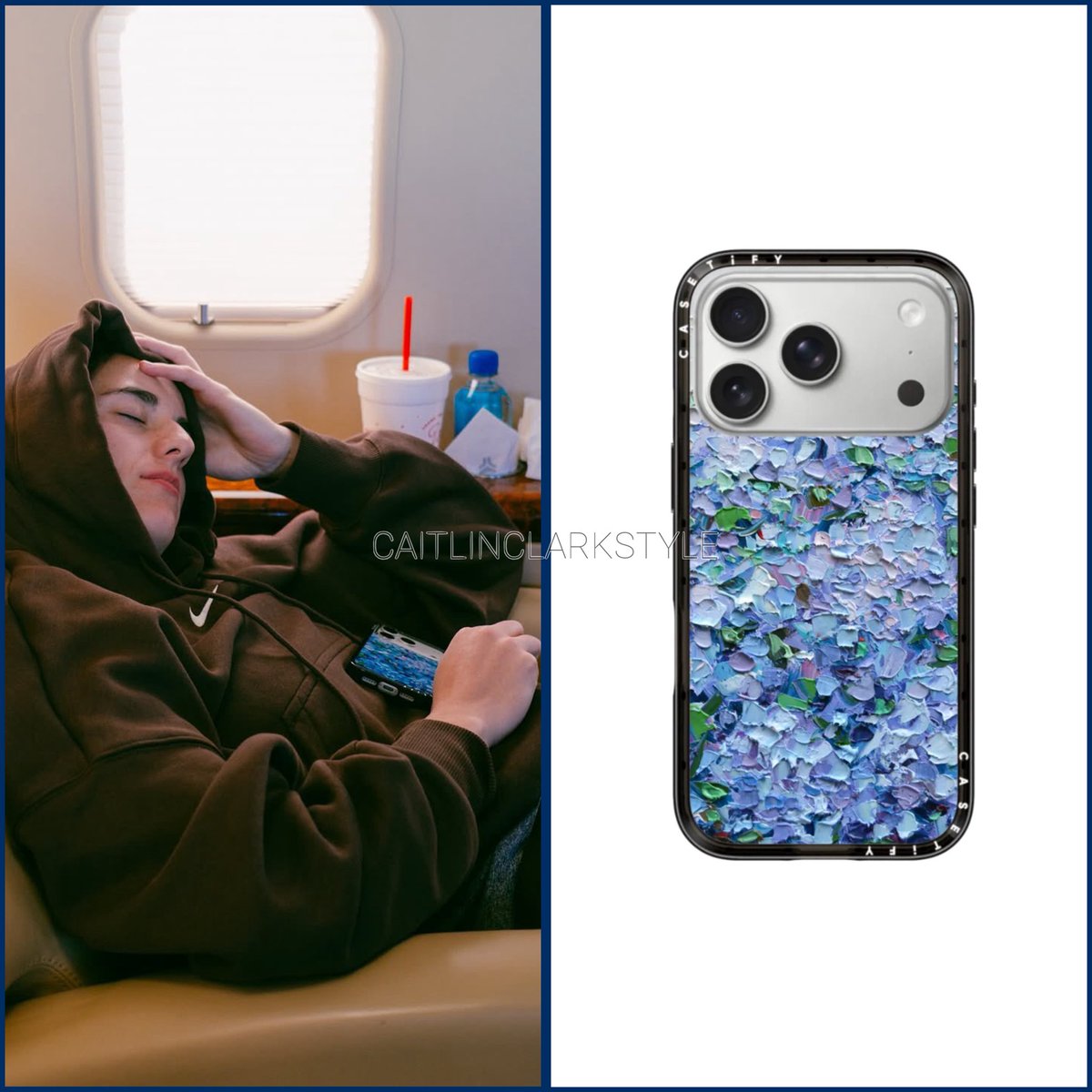 caitlinclarksty's tweet image. November 12, 2025: @CaitlinClark22 Traveling | carrying @Casetify Nantucket Blue Hydrangeas Compact Case. Shop: $50 go.shopmy.us/p-31856271 #CasetifyPartner 

Caitlin is carrying a pretty paint-style floral case for the iPhone 17 Pro!