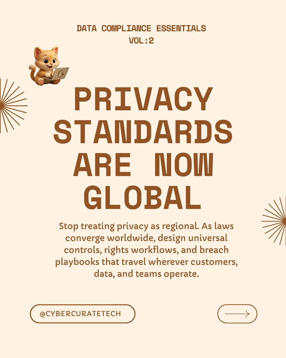 CyberCurateTech's tweet image. 🚨 Privacy is GLOBAL now 🌍  

Build ONE unbreakable framework:  
🔒 Encrypt · Minimize · Segment · Log  
⚡ Auto-DSARs, zero chaos  

Build once. Comply and Dominate.  

Vol 3 next 🔥  

#PrivacyByDesign #GlobalPrivacy #DataProtection #InfoSec #CyberCurateTech