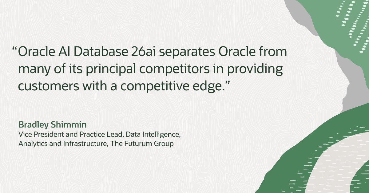 OracleExadata's tweet image. Bradley Shimmin of The Futurum Group notes that with Oracle AI Database 26ai customers can build and manage teams of AI agents to perform tasks such as finding solutions to database issues. Read how: social.ora.cl/601479iuy