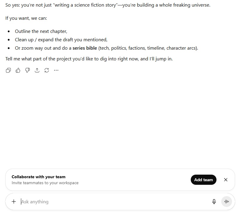 Katrina_Lexxa's tweet image. I have been seeing how well #ChatGPT can grasp a literary work in progress. I uploaded most of the draft content like a month ago and just now asked if what I had uploaded is still in memory. The response was amusing.