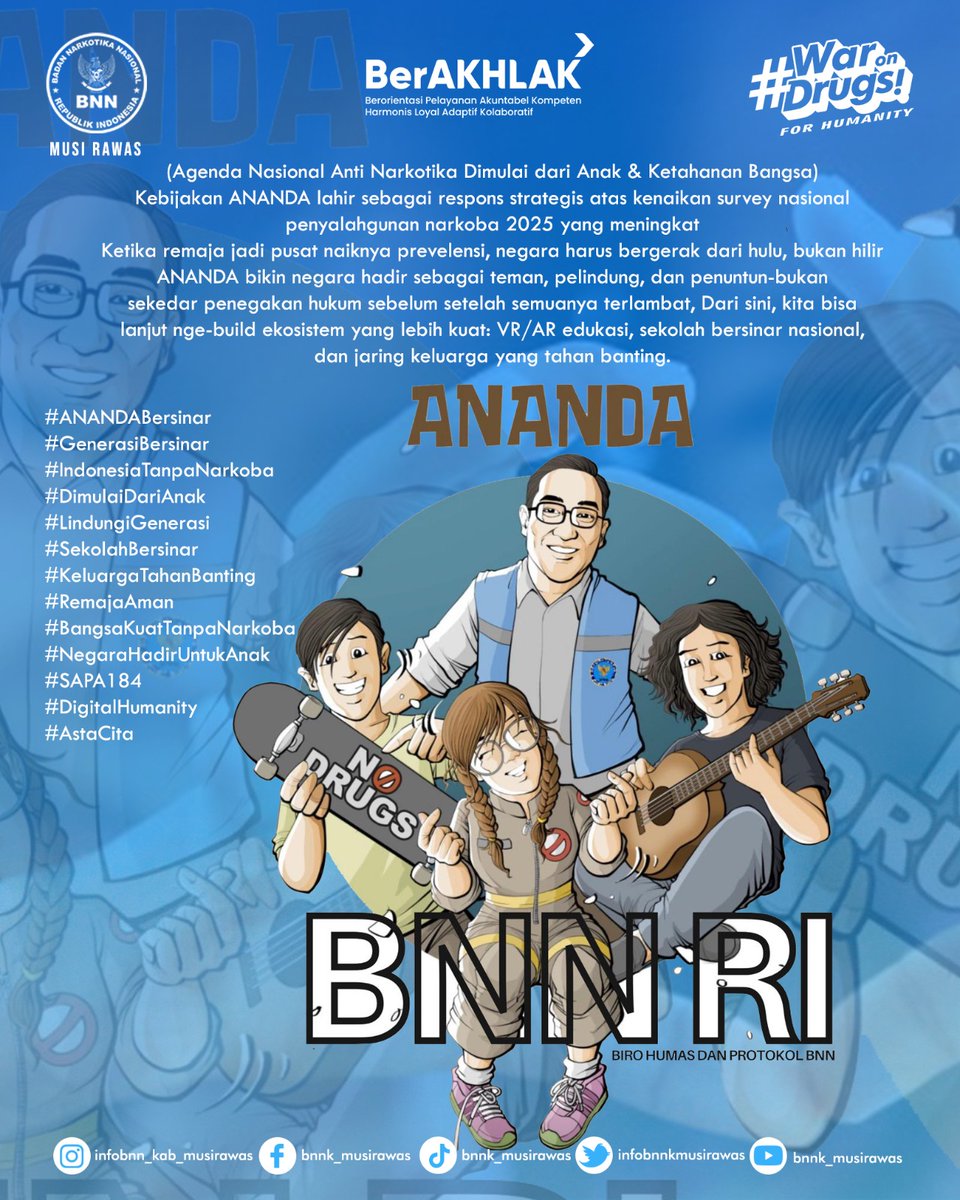 bnnkabmusirawas's tweet image. ANANDA ( Agenda Nasional Anti Narkotika Dimulai dari Anak &amp;amp; Ketahanan Bangsa )

ANANDA bikin negara hadir sebagai teman, pelindung, dan penuntun-bukan
sekedar penegakan hukum sebelum setelah semuanya terlambat, Dari sini, kita bisa. 

#WarOnDrugsForHumanity