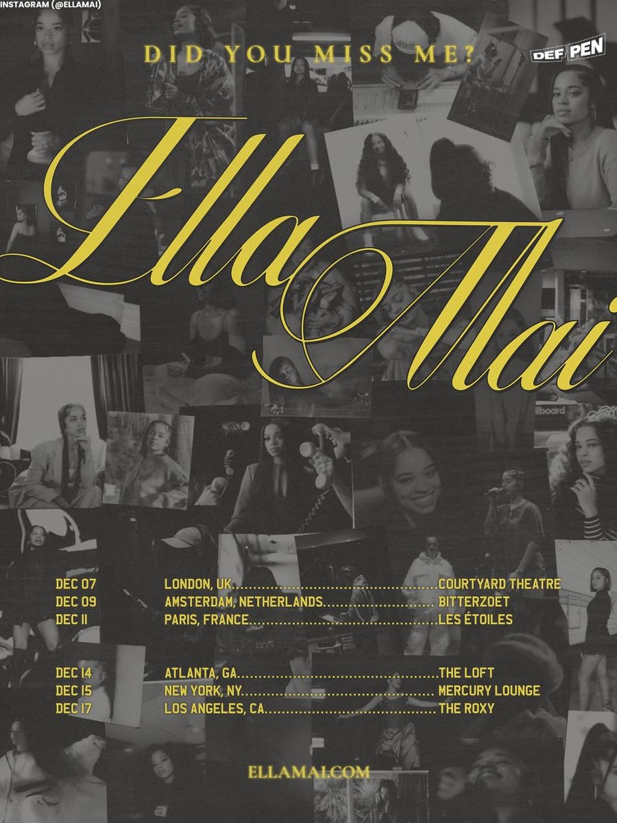 DefPen's tweet image. Ella Mai has announced the 'Did You Miss Me?' tour.

She'll perform live in six cities in December, including London, Amsterdam, Paris, Atlanta, New York, and Los Angeles.
