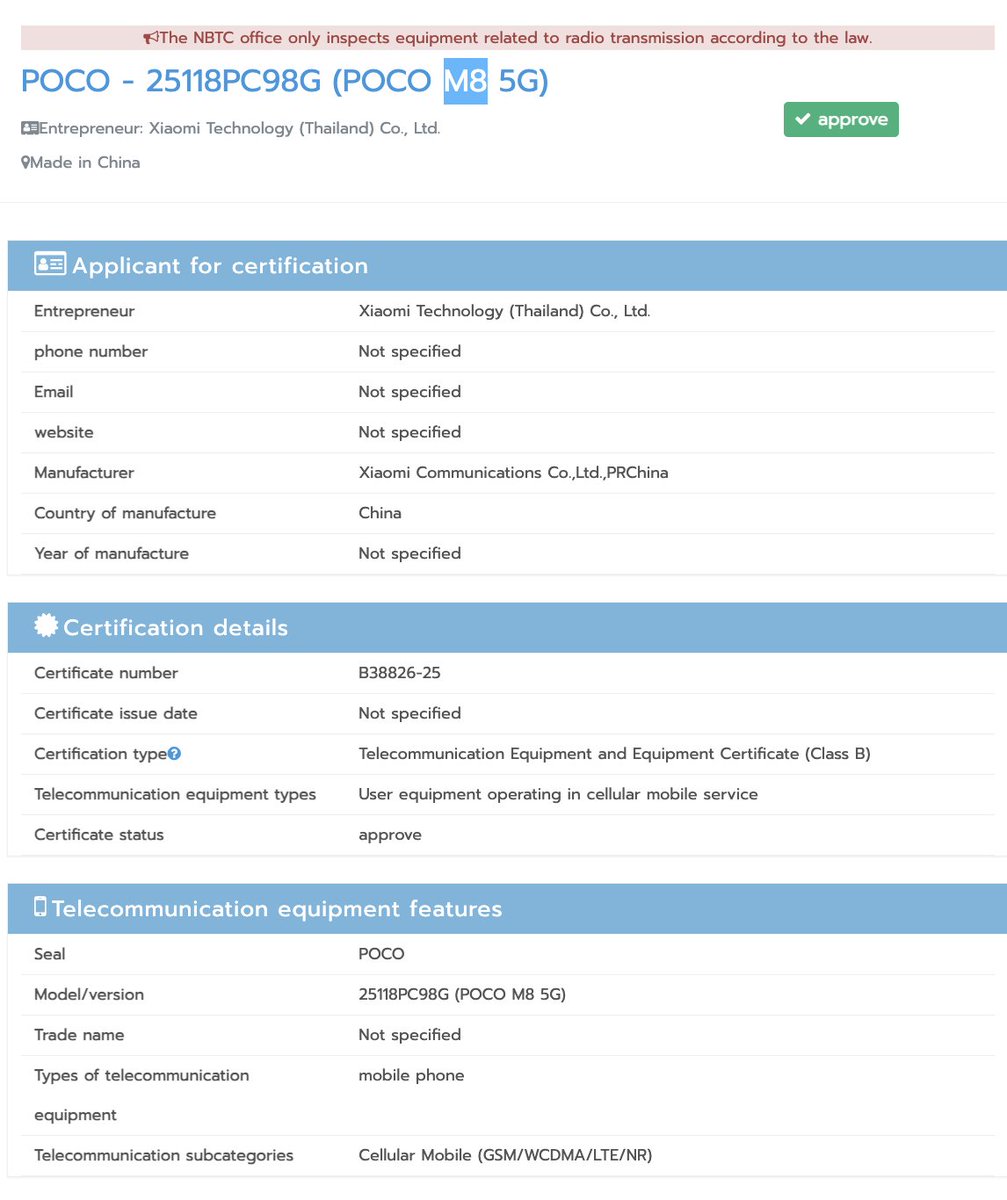 stufflistings's tweet image. POCO M8 5G receives the NBTC certification.
#POCO #POCOM8