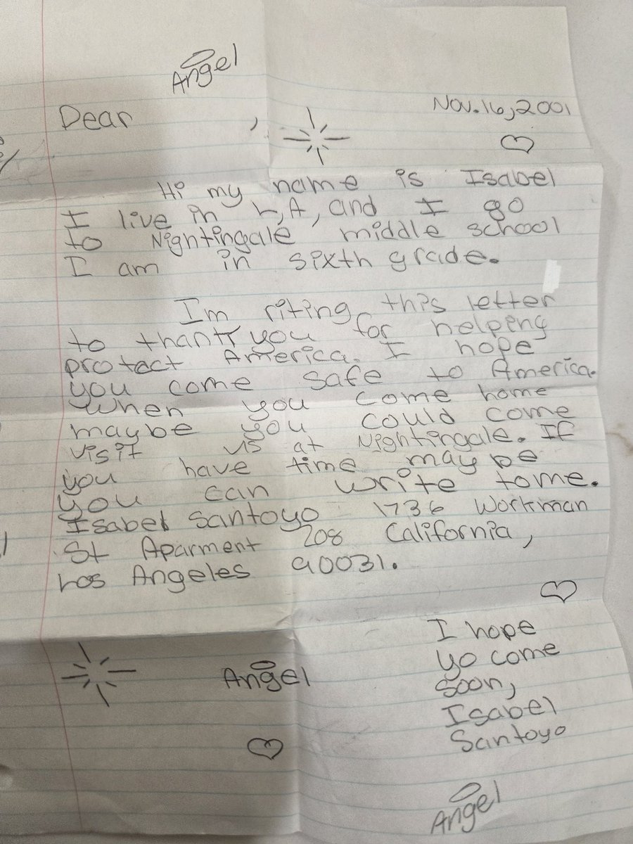 rcjparry's tweet image. Twitter fam (especially in LA). In 10/2001, just after 9/11, I deployed to Kuwait with my @NationalGuard unit. Around Christmas I got a letter from a 6th grader from Nightingale Middle School. I never replied. I found it tonight. Isabel Santoyo is ~37yo now. Tell her thanks.