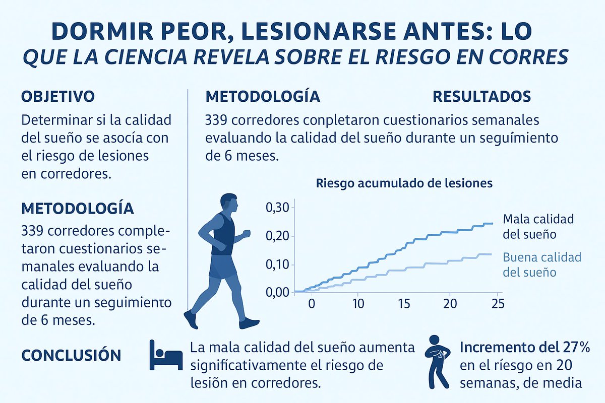 UNA MALA CALIDAD DE SUEÑO SE ASOCIA A INCREMENTO DE LESIONES EN CORREDORES La mala calidad del sueño aumenta significativamente el riesgo de lesión en corredores. Además, la fatiga y el dolor muscular en las semanas previas actúan como señales tempranas de desequilibrio entre