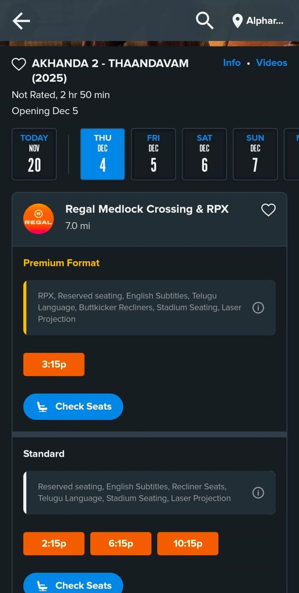 #Akhanda2 - #Atlanta Premieres booking Alert  - RPX/PLF Alert in Atlanta - 3:15 pm on Dec 4th RPX show at Regal Medlock Atlanta.

#Akhanda2Thaandavam USA release by Moksha Movies, Cinegalaxy &amp; Sree Vaishnavi Entertainment. 

Grand premieres on December 4th. WW release on December