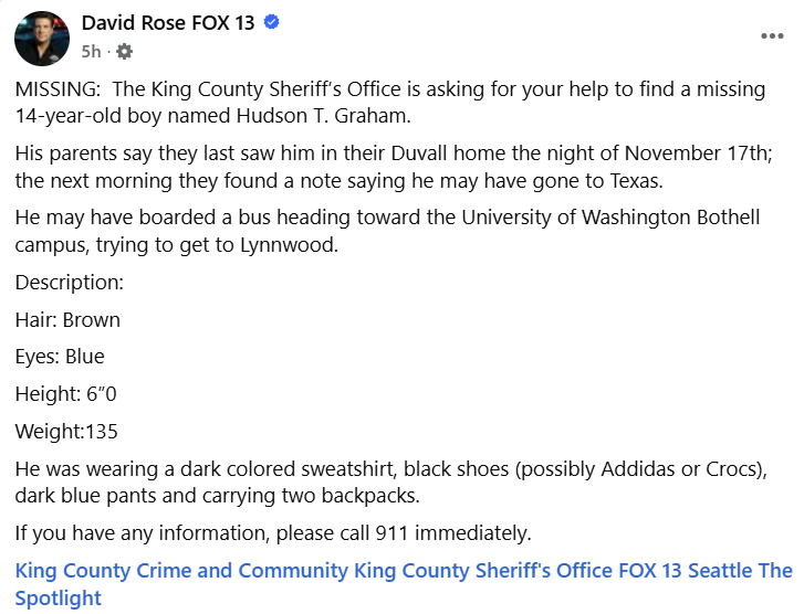 sfargon's tweet photo. Missing 14-year-old boy named Hudson T. Graham. https://t.co/rI2cbHY4rM