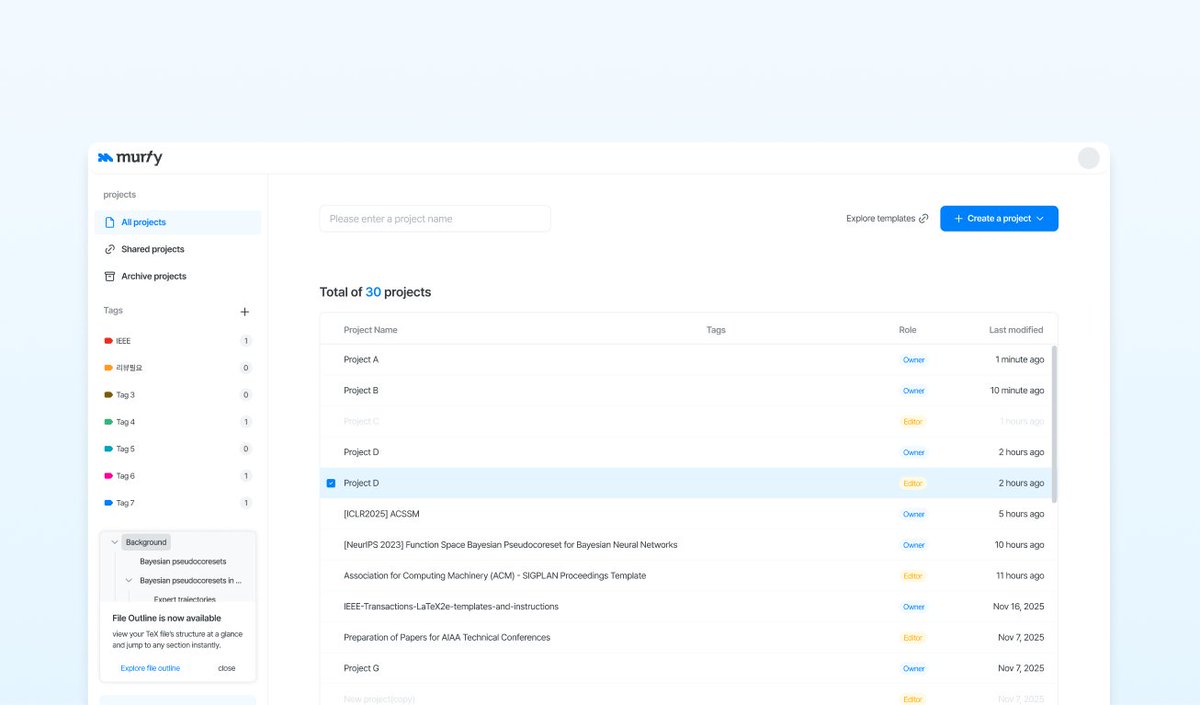 LatexMurfy's tweet image. Murfy Dashboard just got a major upgrade!
- New LaTeX templates for faster project setup
- Murfy Guide to explore key features
- All-in-one Support button for instant access to help &amp;amp; updates

Try it now on Murfy!

#LaTeX #overleaf #alternative #editor #app