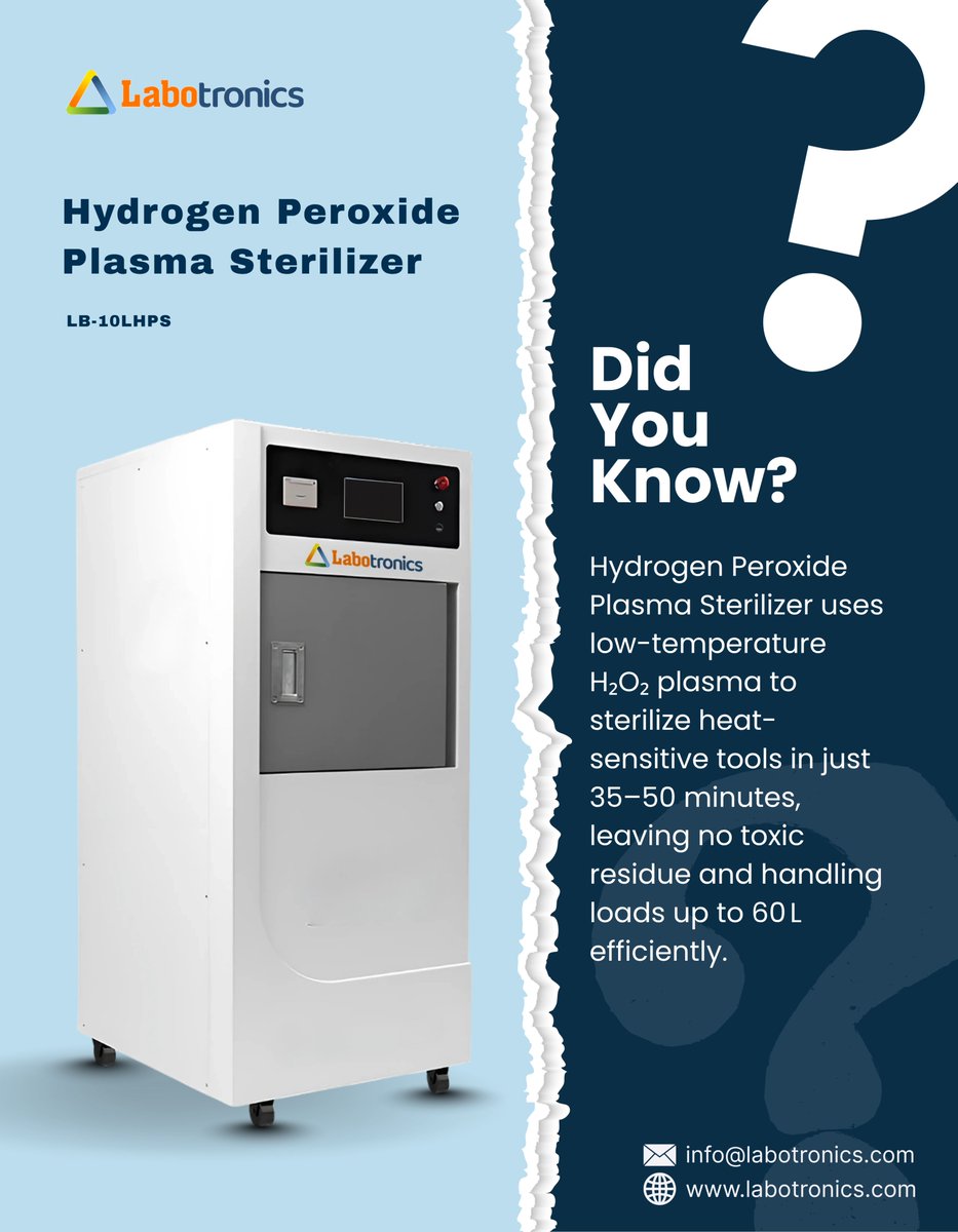 Labotronics's tweet image. Labotronics Hydrogen Peroxide Plasma Sterilizer LB-10LHPS — Low-temperature H₂O₂ sterilization for heat-sensitive tools with clean, residue-free cycles.

info@labotronics.com
labotronics.com/hydrogen-perox…

#labotronics #plasmasterilizer #infectioncontrol #sterilizationtech