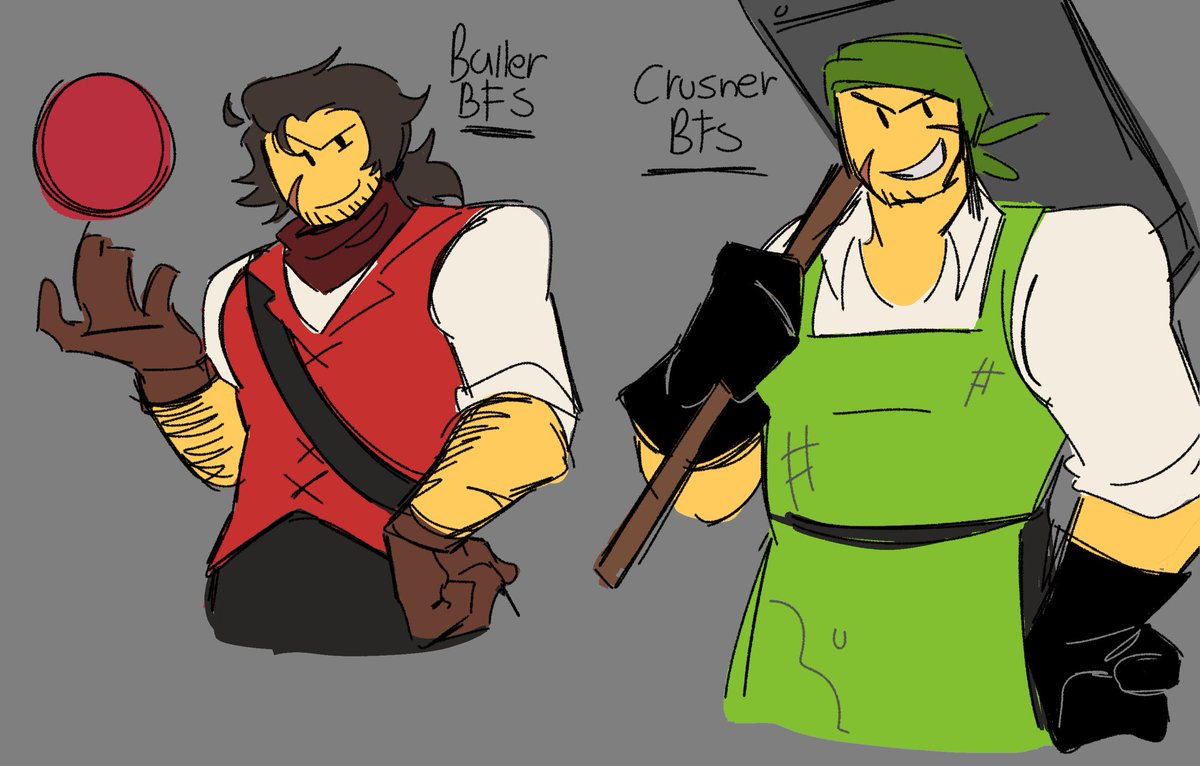 Sharkygrr's tweet image. Im in jail now gng/j 
BUT HEY LOOK BFS FANDOM!!! 
My Baller and Crusher designs...outside of...that dod AU...yeah... 
#bossfightingstages #bfs