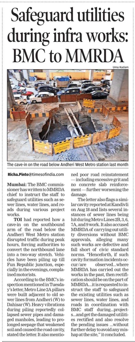 richapintoi's tweet image. Mumbai Metro construction causing sewer failures, road craters: BMC chief in letter to MMRDA: The letter, sent on November 18 a copy of which is with the TOI, cites the Andheri West metro station cave-in of Oct 31, last month which remains unrepaired even 20 days later, as a key…