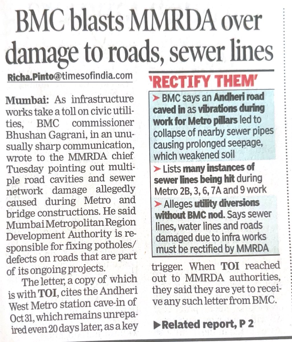 richapintoi's tweet image. Mumbai Metro construction causing sewer failures, road craters: BMC chief in letter to MMRDA: The letter, sent on November 18 a copy of which is with the TOI, cites the Andheri West metro station cave-in of Oct 31, last month which remains unrepaired even 20 days later, as a key…