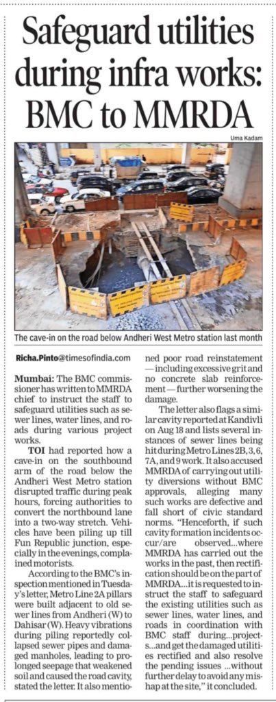 richapintoi's tweet image. According to the BMC’s inspection mentioned in the letter, Metro Line 2A pillars were built adjacent to old sewer lines from Andheri (W) to Dahisar (W). Heavy vibrations during piling reportedly collapsed sewer pipes and damaged manholes, leading to prolonged seepage that…