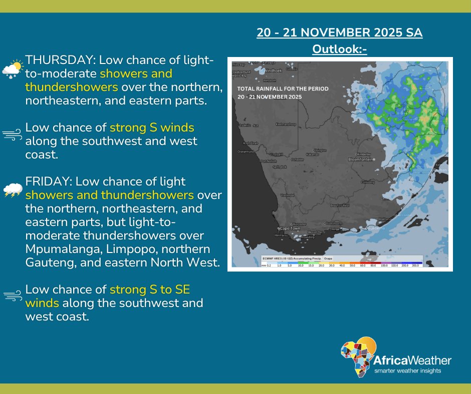 20-21 November 2025 Weather Outlook:-
Thursday and Friday forecast.

20/11/2025 Android: goo.gl/Ftg97E | iOS goo.gl/qicR82 #africaweatherapp #AfricaWeather africaweather.com
