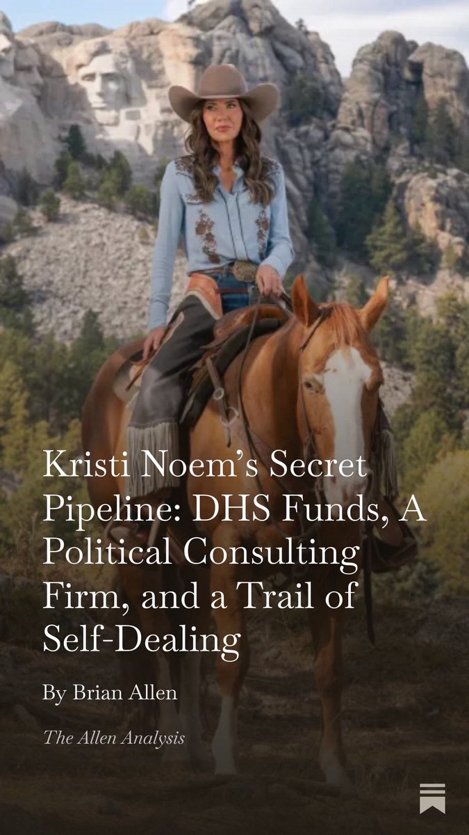 allenanalysis's tweet image. Rep. Jasmine Crockett just dropped receipts on Kristi Noem’s corruption and it’s way bigger than a viral committee clip.

ProPublica found that a consulting firm tied to Noem’s own political operation quietly received a share of $220M in DHS funds meant for border security.

That…