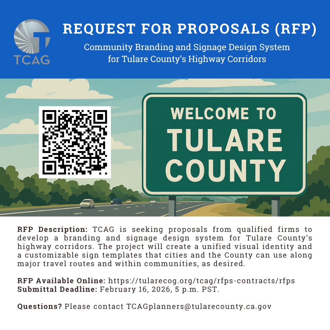 RFP Open to Qualified Design Firms
TCAG is seeking proposals for a Countywide Branding and Signage System to unify corridor identity across Tulare County's cities and unincorporated communities.
🔗More info: tularecog.org/tcag/rfps-cont…