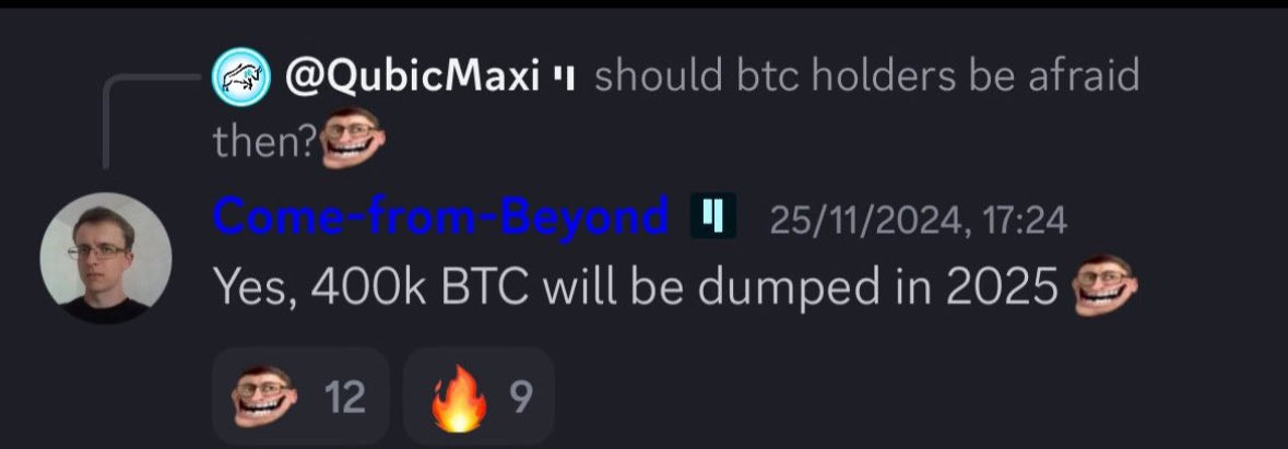 In 2024 SATOSHI AKA <a href="/c___f___b/">Come-from-Beyond</a> mentioned 400K BTC will be dumped in 2025! Skeptics and other communities including $KAS laughed and thought that he was hallucinating. Fast forward today multiple $BTC wallets from the SATOSHI era are dumping billions of dollars. Again another