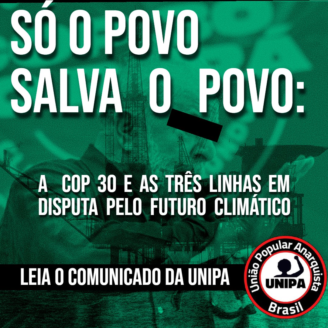 🏴Estão confiando no incendiário para apagar o fogo: a COP 30 entre o estatismo climático e o capitalismo verde

👉🏽Leia mais em: uniaoanarquista.wordpress.com/2025/11/19/so-…

#COP30 #belem #antropoceno #capitaloceno #emergenciaclimatica #aquecimentoglobal