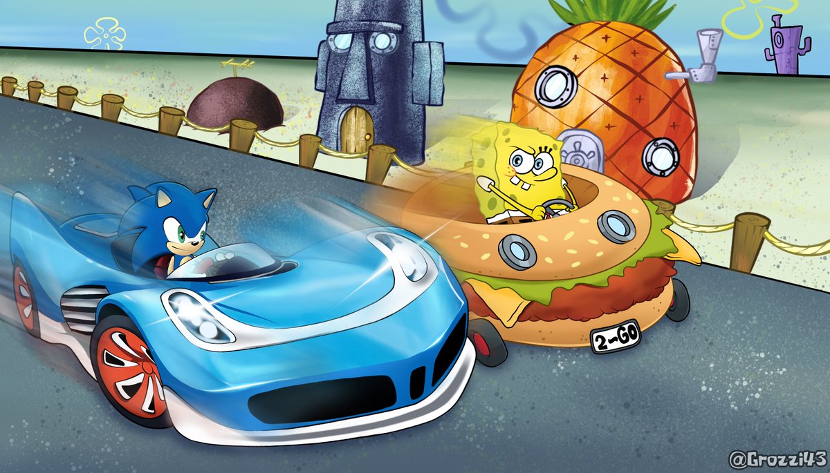 Grozzi43's tweet photo. Racing in Bikini Bottom

#SpongeBob #SpongeBobSquarepants #Sonic #SonicTheHedgehog #SonicRacingCrossWorlds #RingsandFlowers #Crossover #Fanart https://t.co/fYkBx8LSXx