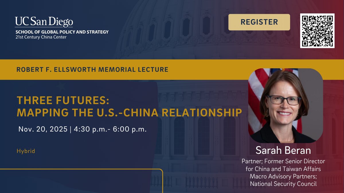 21CenturyChina's tweet image. Join us on 11/20 at 4:30pm PST!  Sarah Beran, partner, Macro Advisory Partners; Former NSC Sr. Dir. for China and Taiwan Affairs, will outline 3 possible U.S.–China futures: a bargain, continued competition, or rapid decline. Moderated @vshih2. RSVP: ow.ly/FP2n50X5fS9